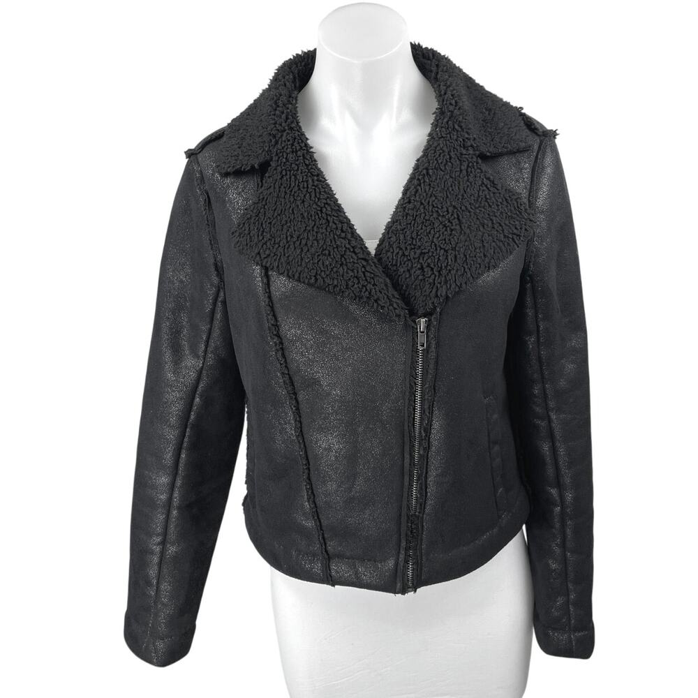 Jack BB Dakota Black Faux Leather Vegan Sherpa Fleece Zip Up Moto Biker Jacket S